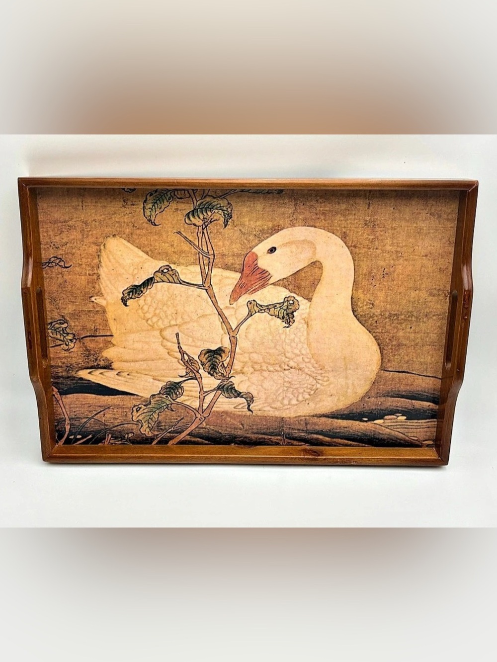 Vintage Wooden Serving Tray White Swan/Goose Print Asian Decor Mid Century